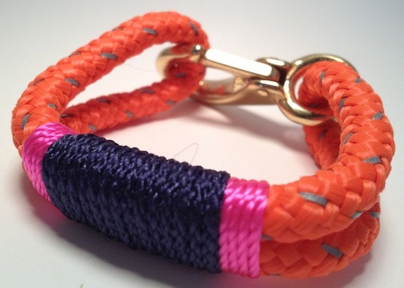 Nautical Rope Bracelet: Orange with Gray Reflective Chasers and Navy and Pink wrap - Bronze Clasp