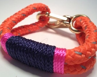 Nautical Rope Bracelet: Orange with Gray Reflective Chasers and Navy and Pink wrap - Bronze Clasp