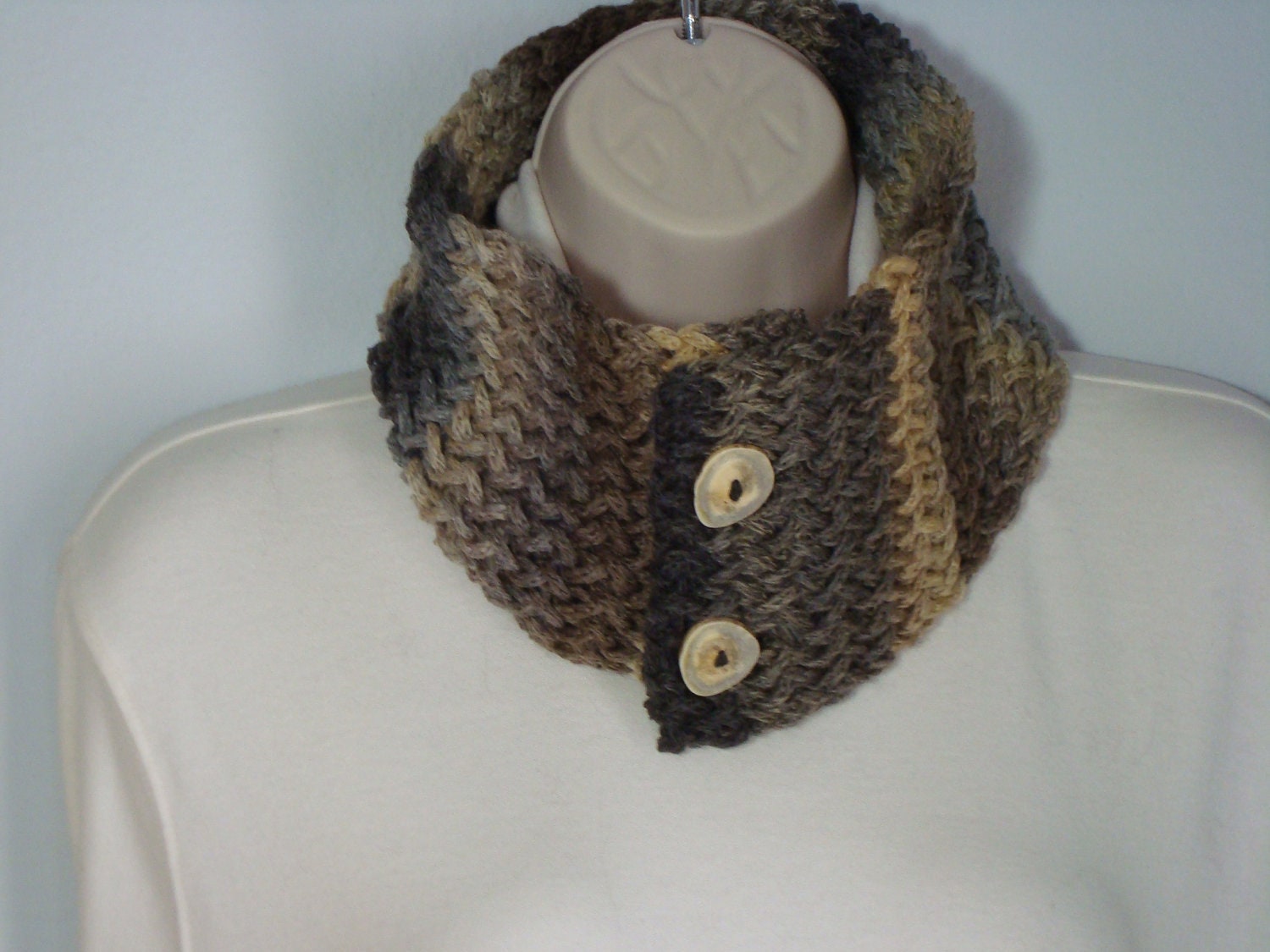Womans -Loom Knitted - Cowl Neck Warmer - Brown- Taupe Stripe - Antler Buttons