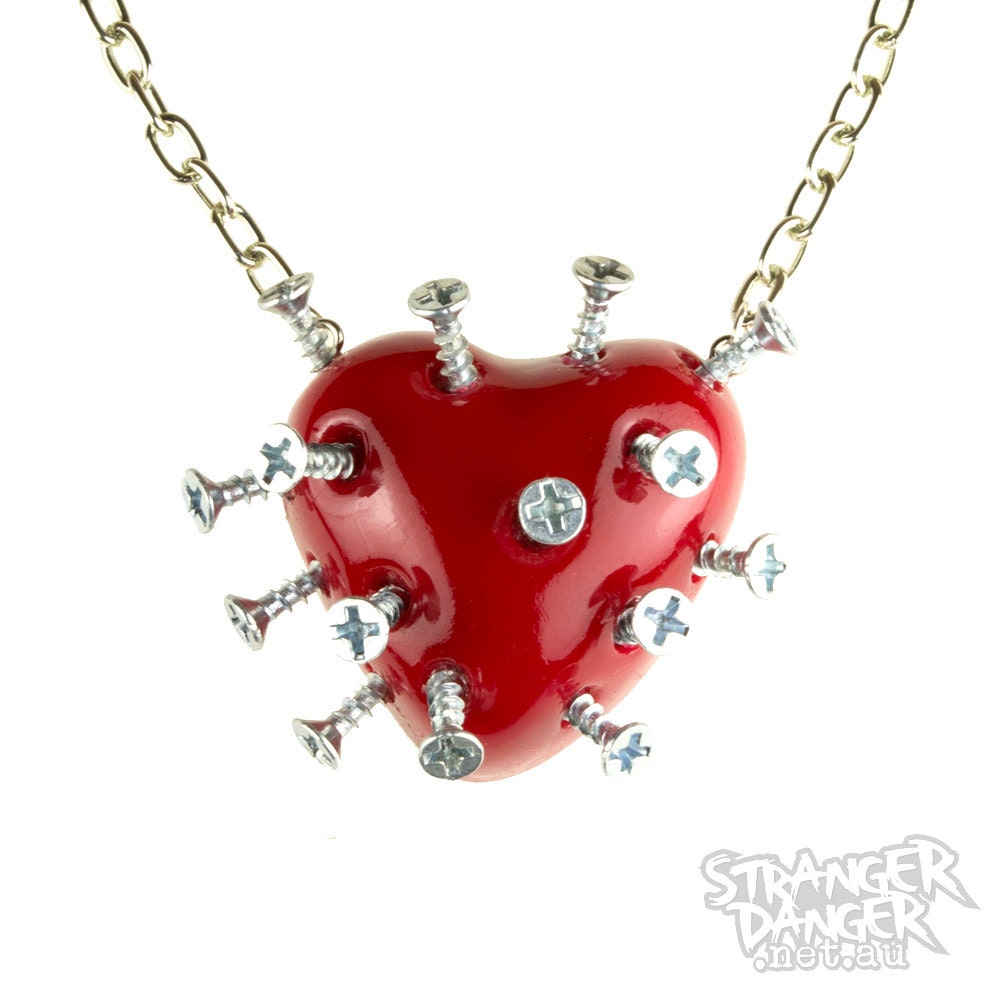 Red Broken Heart Necklace With Screws (goth, jewellery, punk, emo, alternative, industrial, ndie, Rockabilly, Lolita, Cyber)