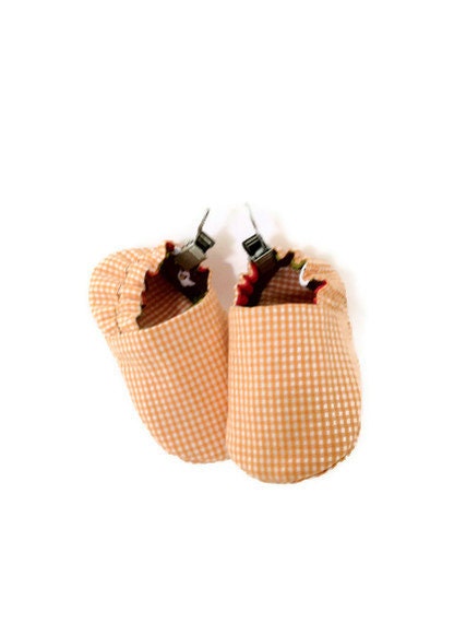 SALE, Orange Sherbet Reversible Baby shoes, gingham, soft fabric booties, made to order in sizes 0-18 mo.