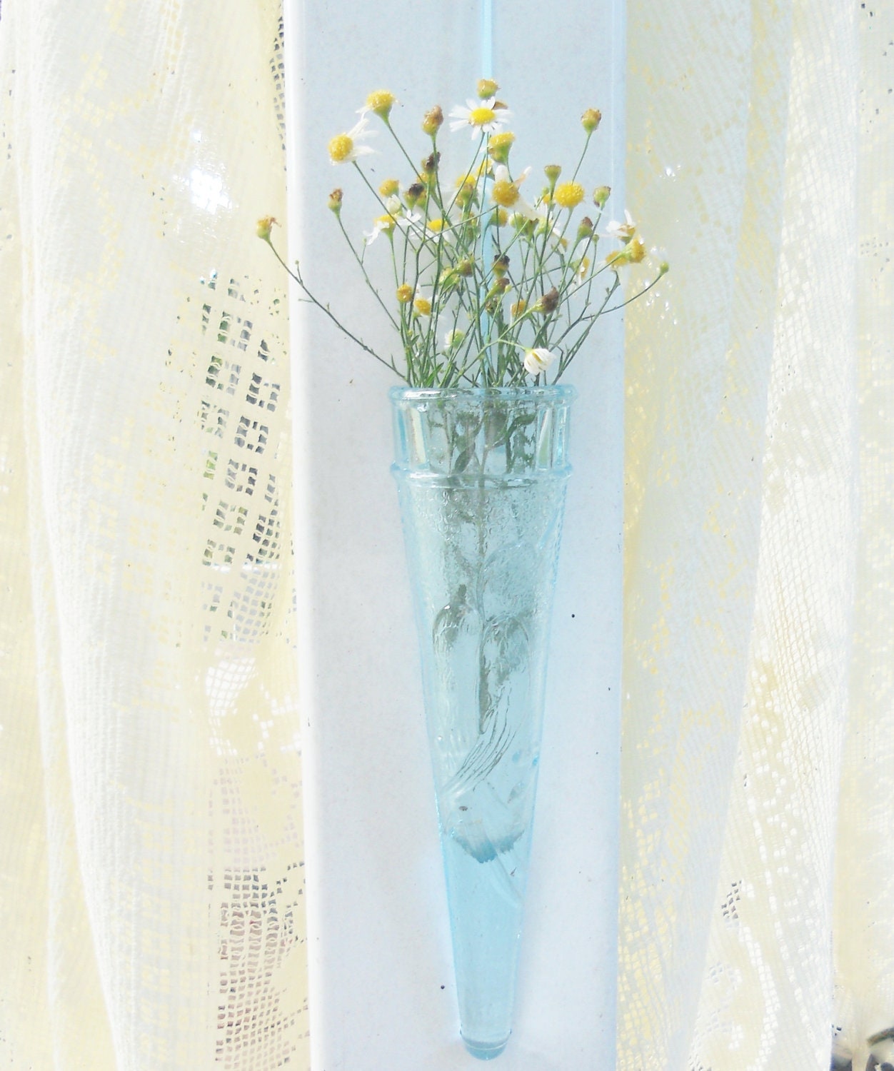 Blown Glass Wall Vase Aqua Blue - Vintage, Bird, French Decor, Wedding, Farmhouse, Wall Pocket, Romantic, Nostalgic, Shabby Chic, Bird
