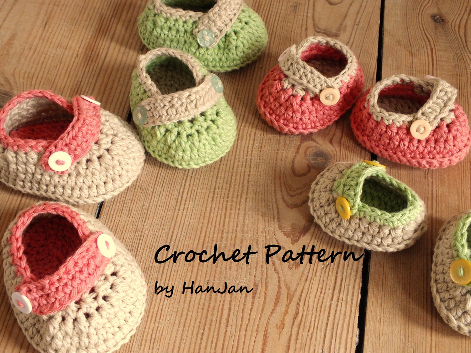 Instant Download PDF Crochet Pattern: 2 Button Buckle Baby Shoes in 4 sizes, US instructions with HanJan crochet tutorial