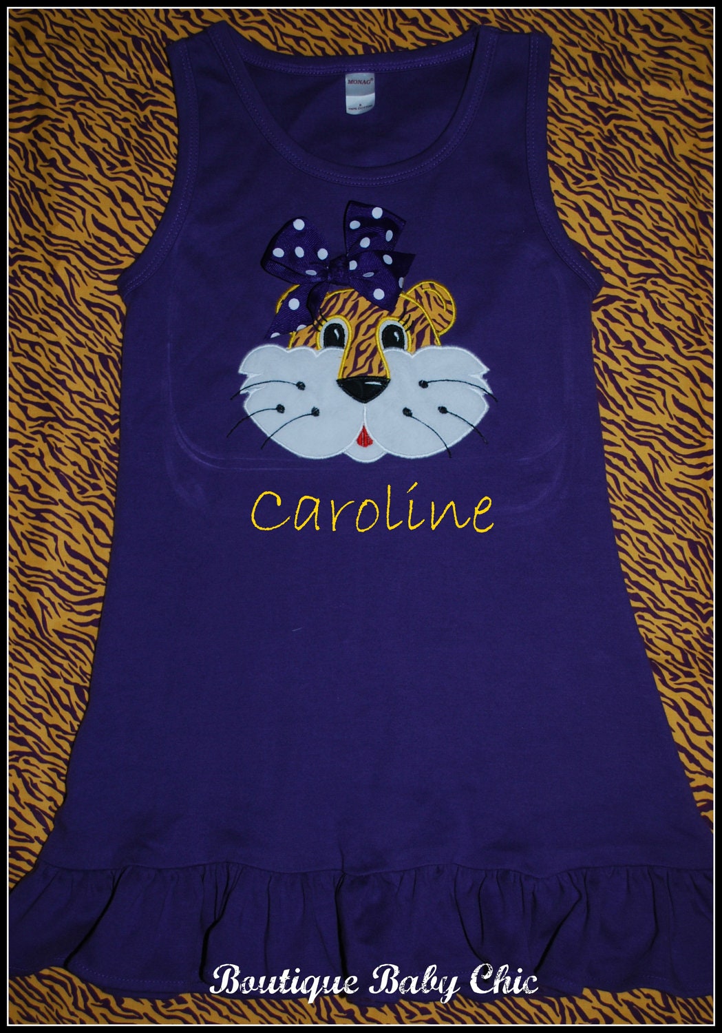 Toddler Dress w LSU tiger face applique / Purple and gold striped tiger with Monogram Personalized Dress