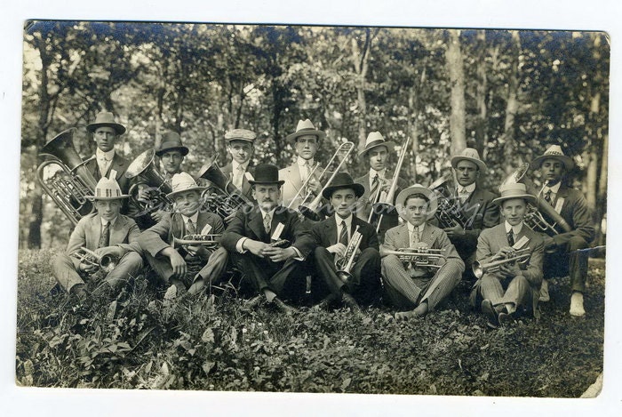 Instruments // Band Members // Photo Postcard // 1920's // Group of Men // Vintage Postcard //