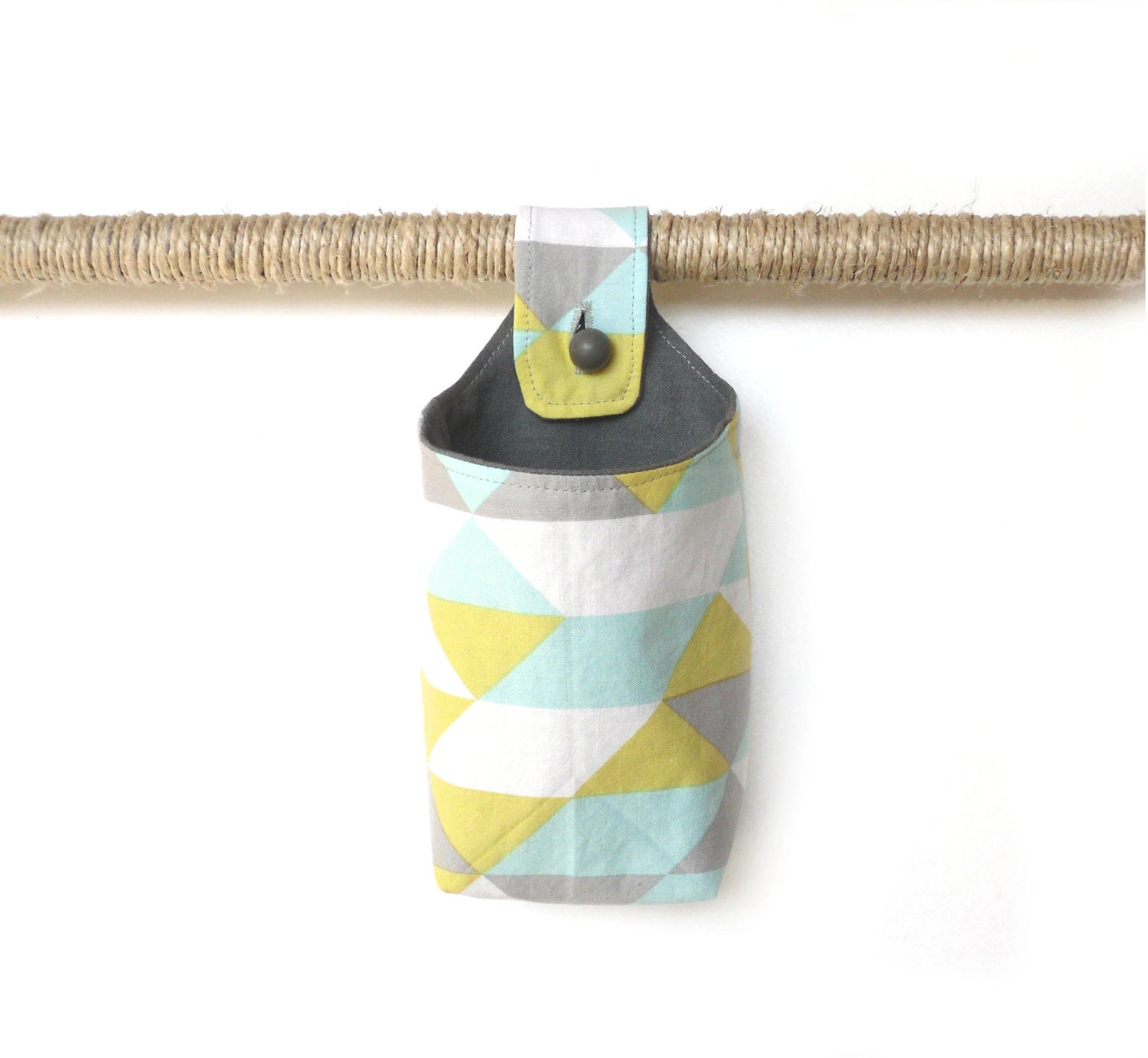 Geometric Fabric Basket, Mint Yellow and Gray Organic Cotton and Weathered Linen Hanging Organizer - OneRedButtonCrafts