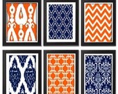 Navy Orange Vintage Modern inspired Art Prints Collection  -Set of 6 - 8x11 Prints - Featured in Navy / Orange (UNFRAMED)