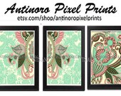 Coral Sage Brown Ikat Vintage Modern inspired Art Print  - Set of (3) 8x10 Prints