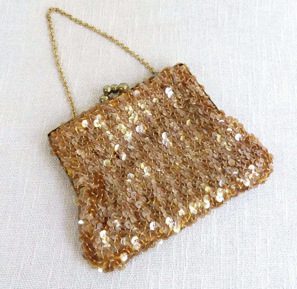 Gold Toned Sequin Purse - Woman's Evening Cocktail Purse from the 70s