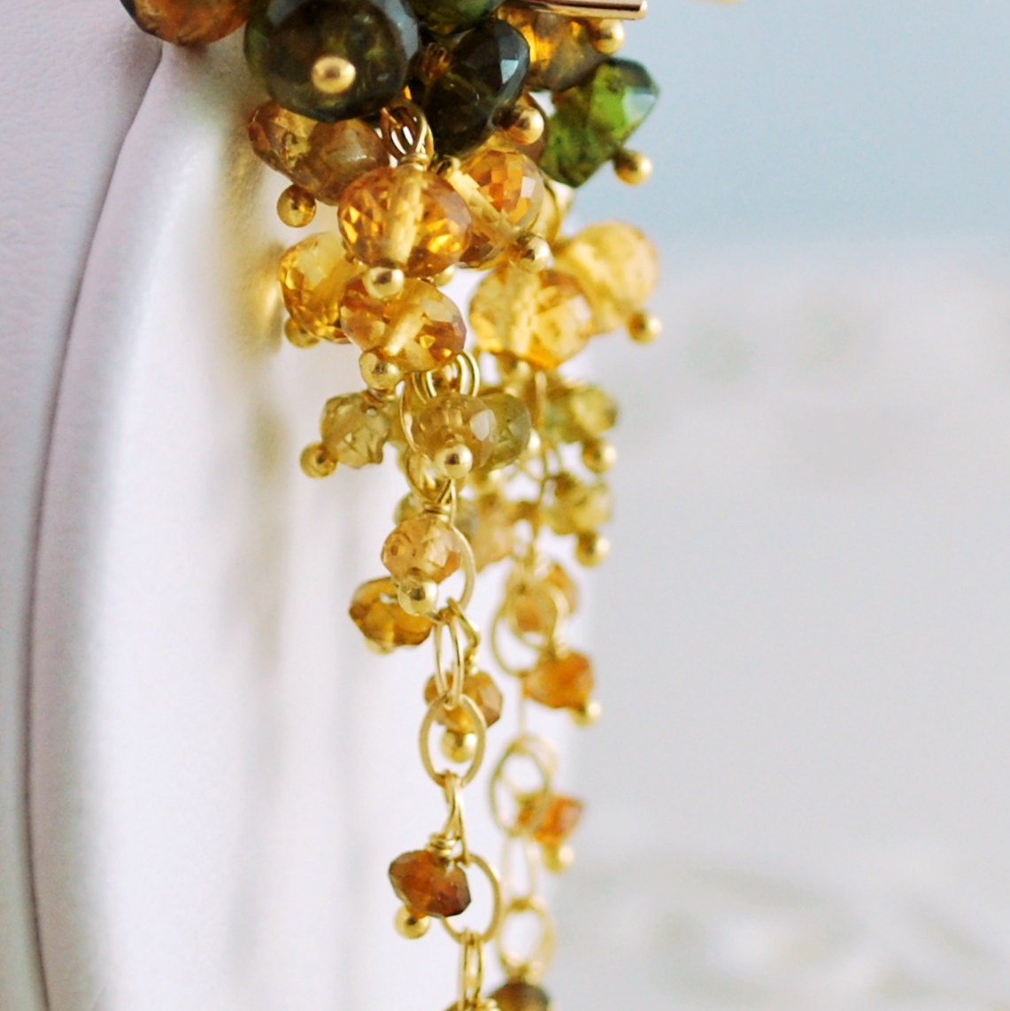 Autumn Wedding Earrings Genuine Tourmaline Citrine Gemstone Cluster Bridal Jewelry - Cornucopia - Complimentary Shipping