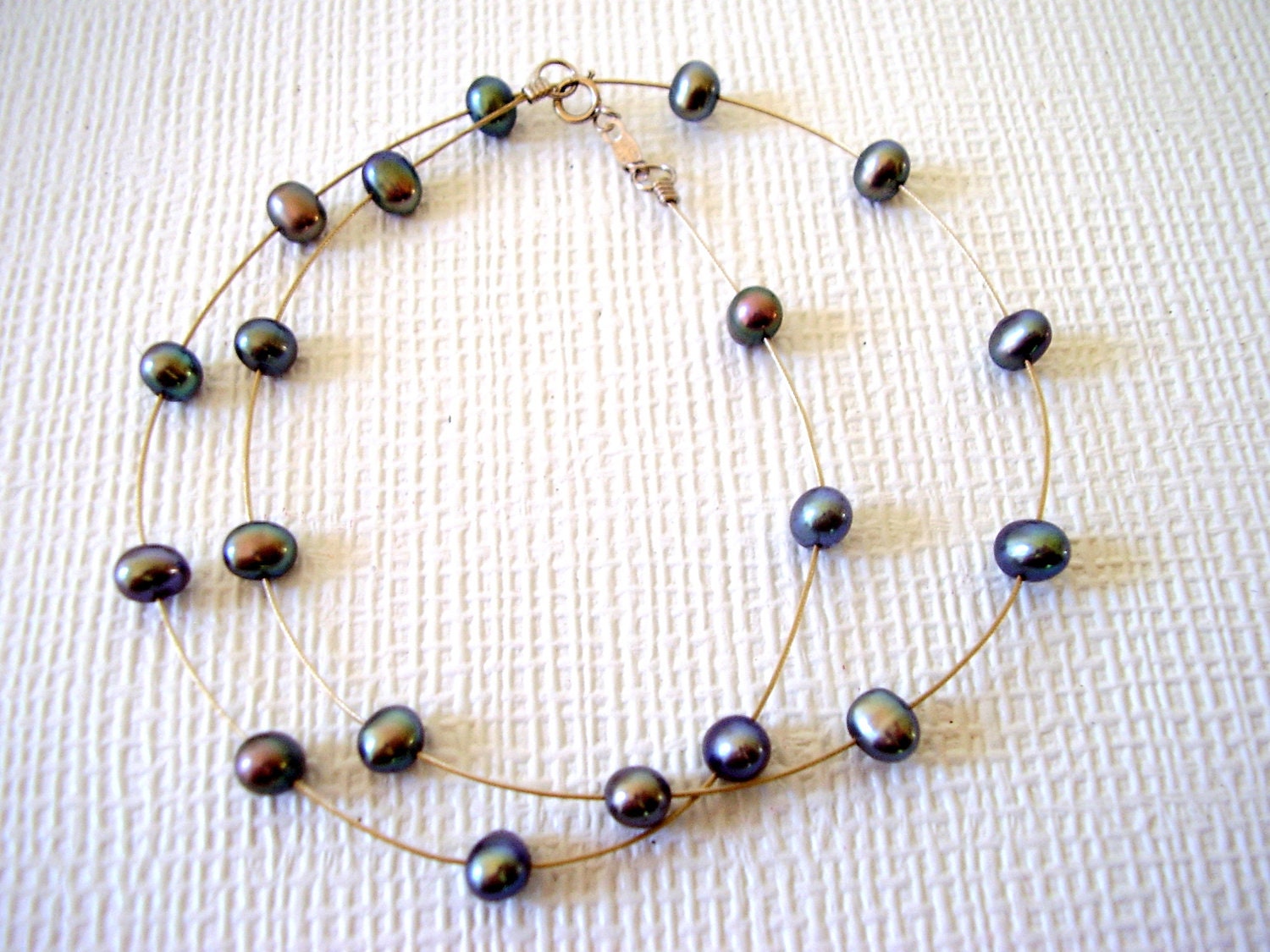 Vintage 14K White Gold and Tahitian Black  Pearl Tin Cup Necklace