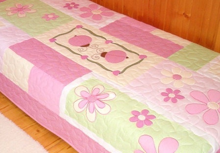 Organic Twin Quilt, Patchwork Girl Bedspread Ladybug Pillowcase