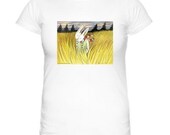 Bunny shirt sale - Rabbit walk drawing on a white ring spun cotton t-shirt in women's and youth sizes.