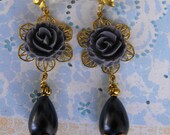 HANDMADE Dangling BOW Earrings Beaded Dangle Periwinkle Cabochon BLUE