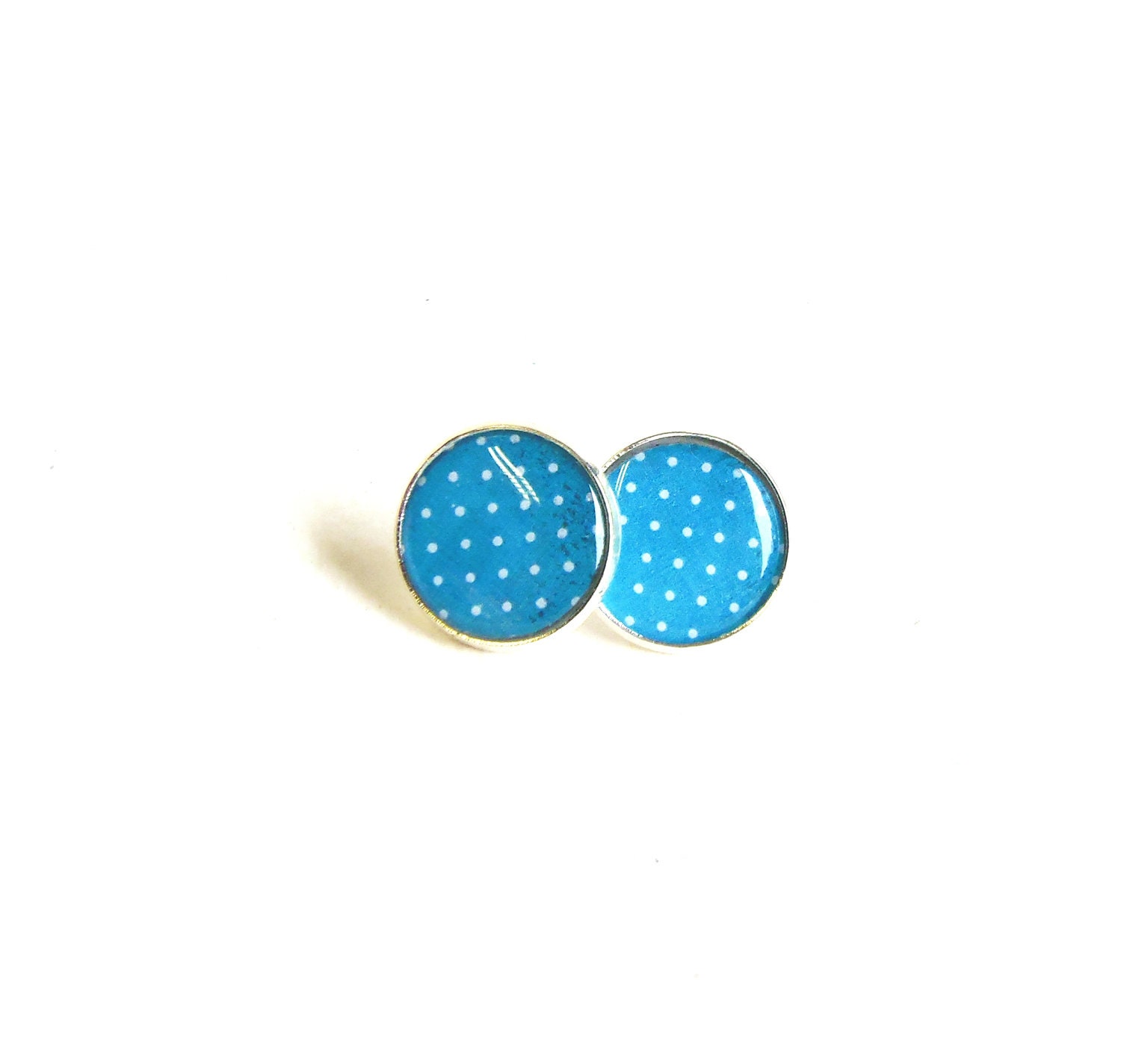 Blue earring studs Polka dots stud earrings silver earring posts