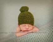 Newborn Baby Boy, Green Knit, Photography Prop, crochet Sack Hat, Beanie, olive, Wool, soft thin stitch, newborn boy hat