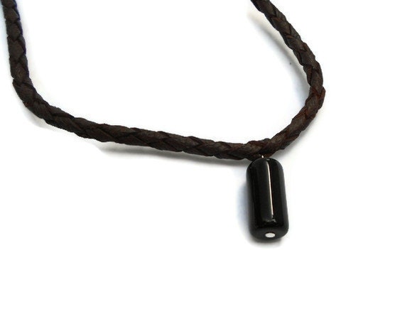 Onyx Men Necklace, Braided Leather Unisex Gemstone Minimalist Jewelry,