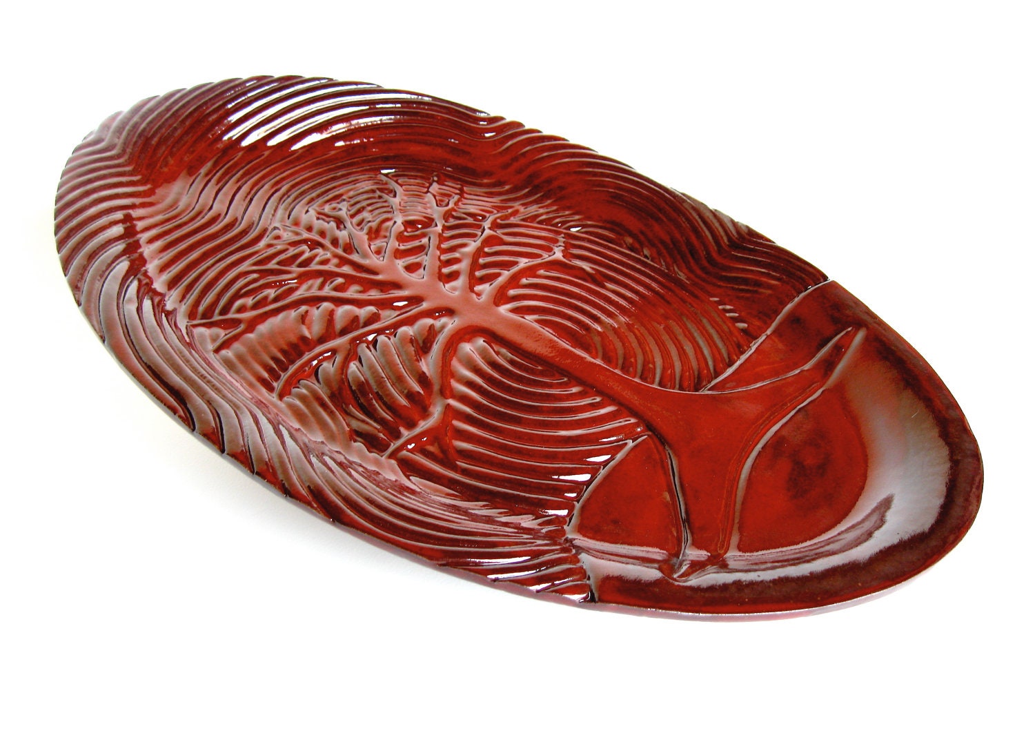 Stoneware Tree Platter, modern ceramic pottery large oval serving in crimson scarlet, weddings gift table settings decorations home decor