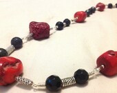 Long Necklace w/Natural AAA Grade SEA CORAL Gemstone Nuggets, Black Onyx and Moss Agate beads.