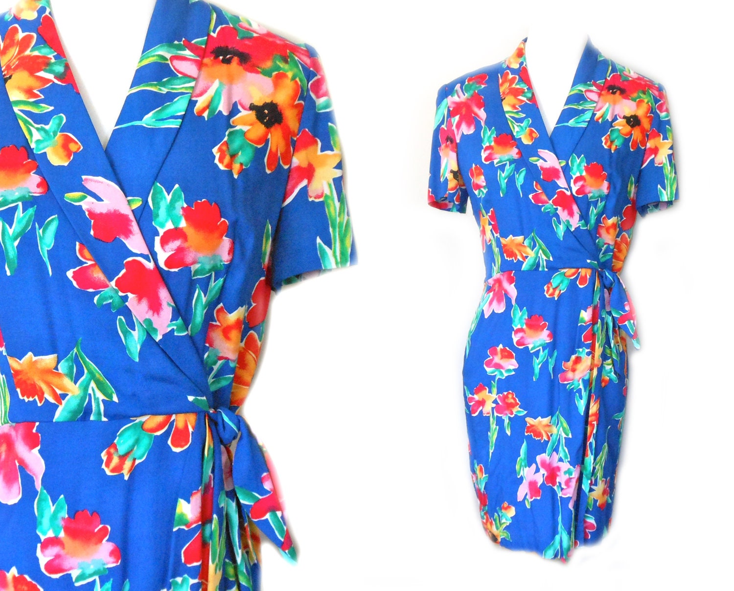 Vintage Hawaiian Dress 1980s Flower Print Faux Wrap Bright Royal Blue 80s Floral Short Sleeve Summer Collar V-Neck (S - M)