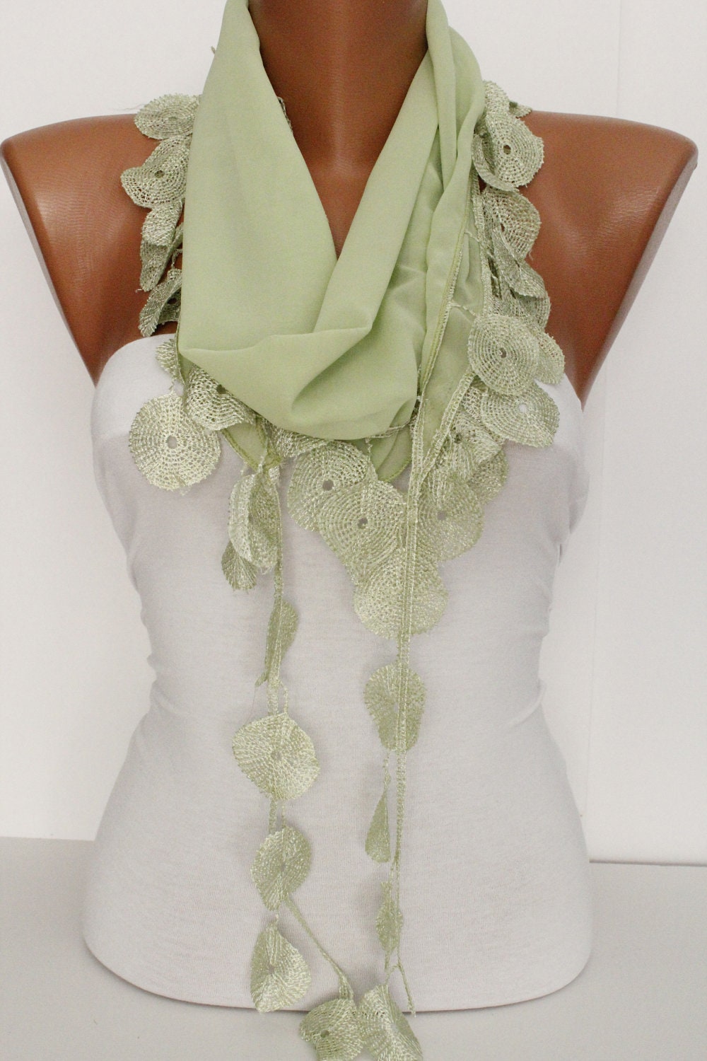 Light Green Chiffon Shawl Scarf -Headband Cowl with Lace Edge