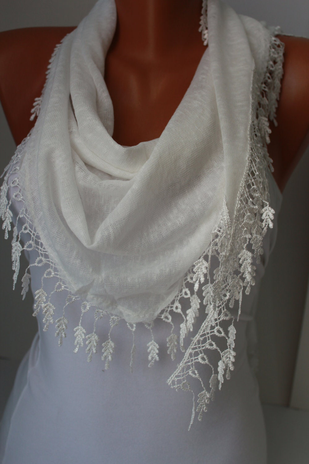 White Shawl Scarf - Headband Cowl with Lace Edge-Summer Trends