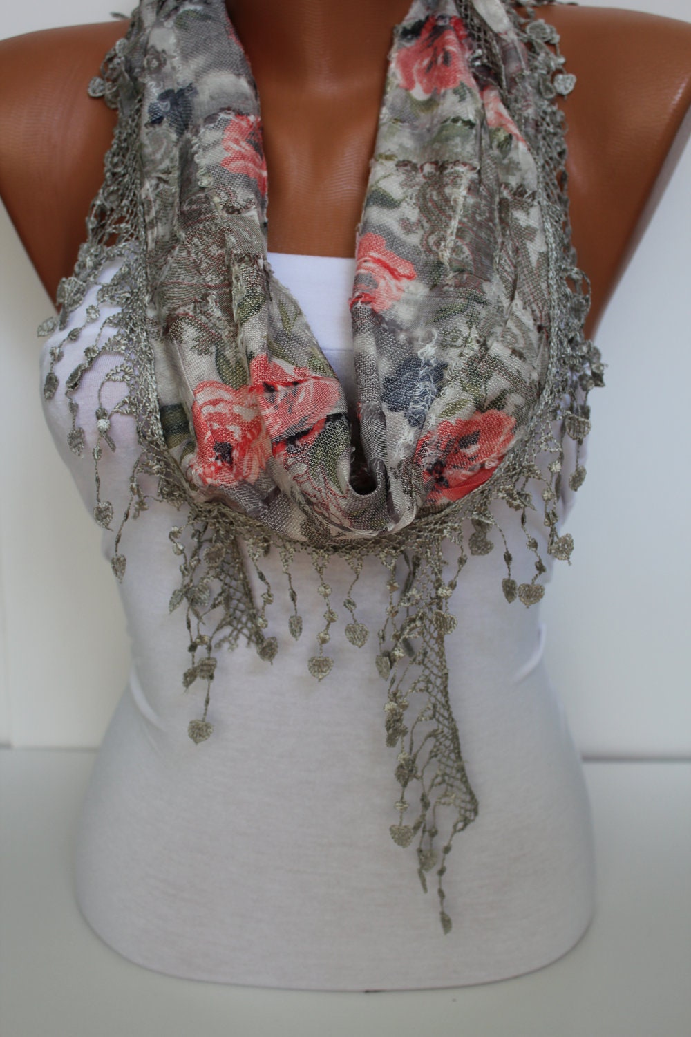 Floral Shawl/ Scarf  Grey and Red Roses Headband - Cowl with Trim Edge- Summer Trends