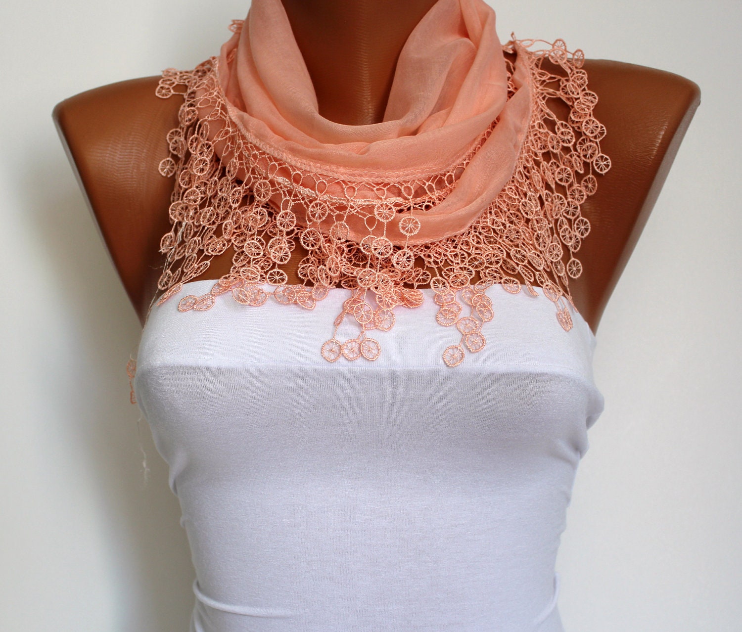 Salmon Cotton Scarf Shawl-Headband Cowl with Lace Edge