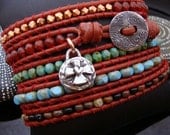 D2E OOAK Clearance priced Sundance Style Red leather beaded 5 x wrap bracelet sterling silver, copper, turquoise
