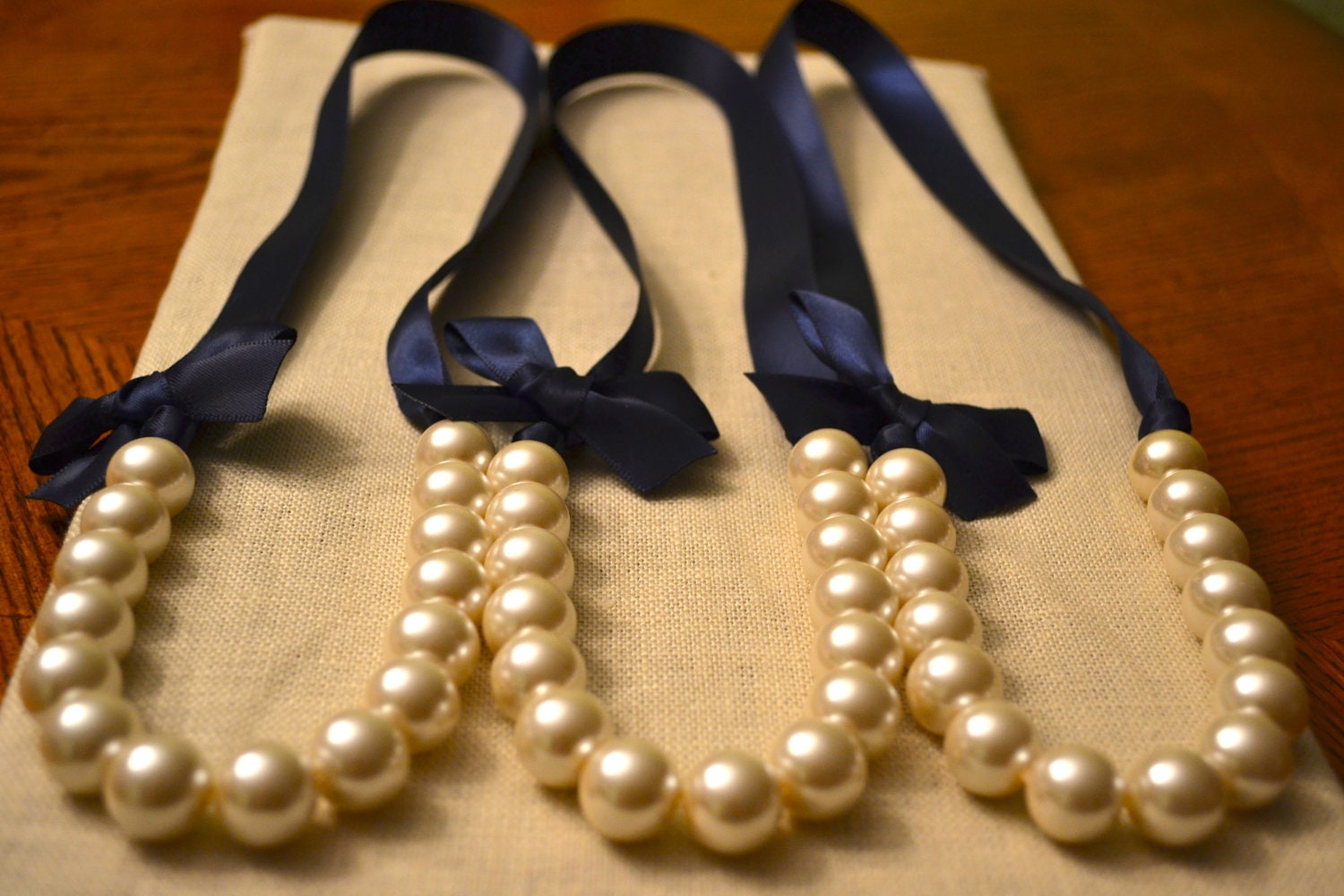 Set of 3 Lily: Beautiful Bride or Bridesmaid Pearl Necklace - Ivory with Navy Ribbon & Bow