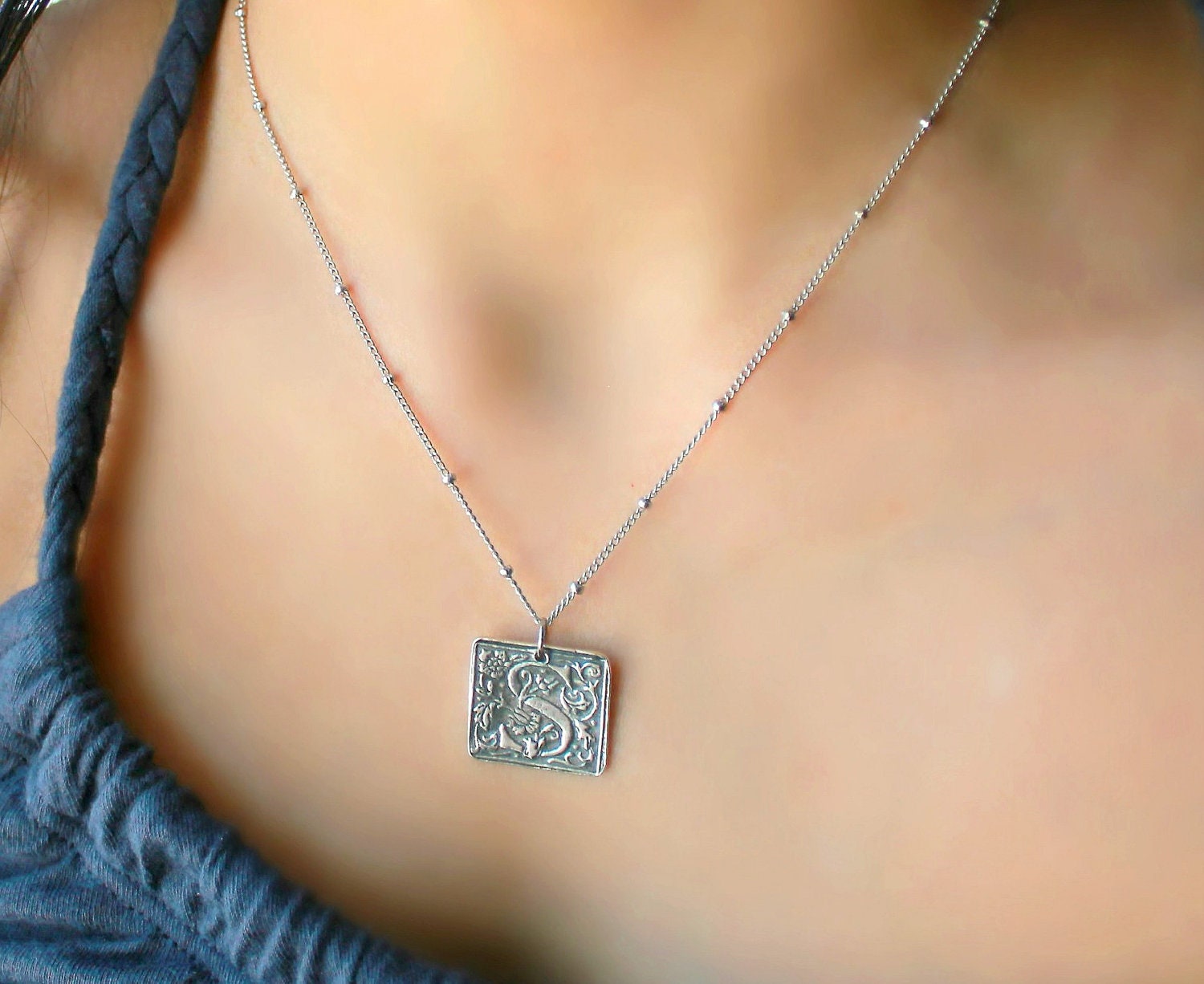 925 Sterling Silver Necklace on a beaded chain, Wax seal Initial, Monogram, Letter, A B C D J K L M P R S T , Personalized, custom, Gift