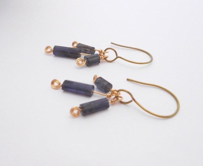 Brass Niobium Earrings, Iolite Dangles, Sensitive Ears