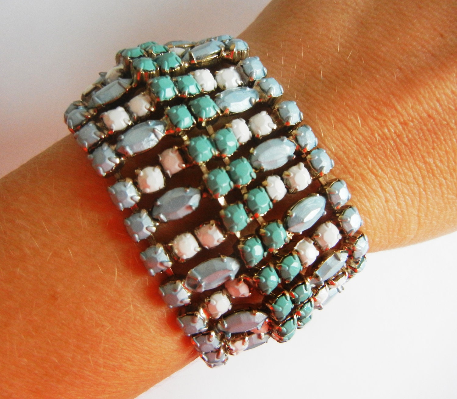 AMAZING Vintage 1950s Hand Painted One Of A Kind Hand Painted Multi Color Pastel Glass Rhinestone Wide Bracelet