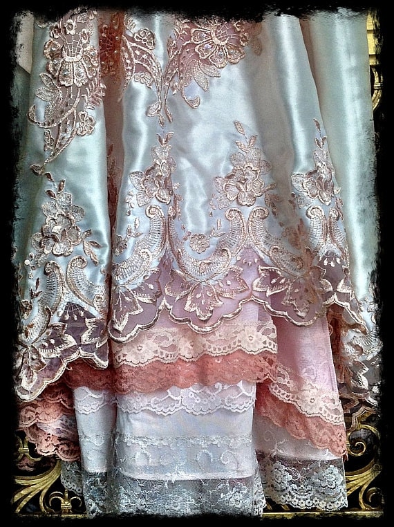 ivory blush & whisper pink lace satin applique vintage wedding gown by mermaid miss k