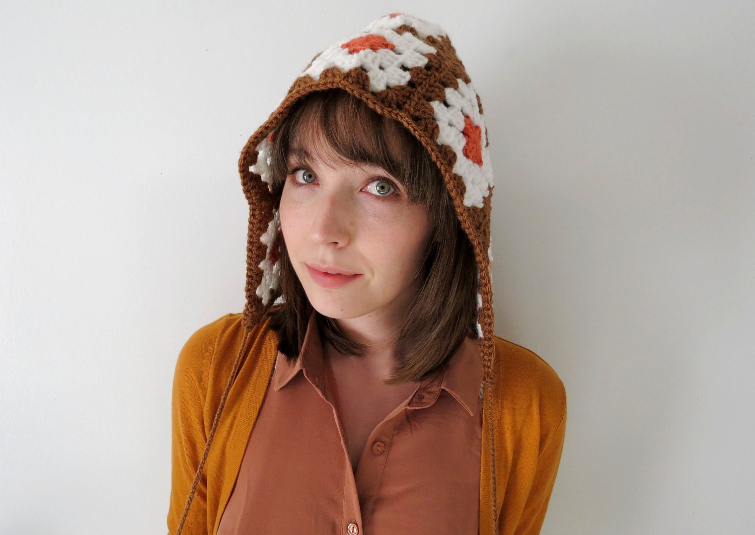 Crochet Hat, Granny Square Hat, Crochet Women's Hat in Brown, White, and Coral / The Granny Hat