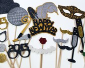 Best Holiday Photo Props - READY to SHIP - Glitter Gold, Silver, Black Glitter Mustaches Happy New Years Props - Photo Booth Props