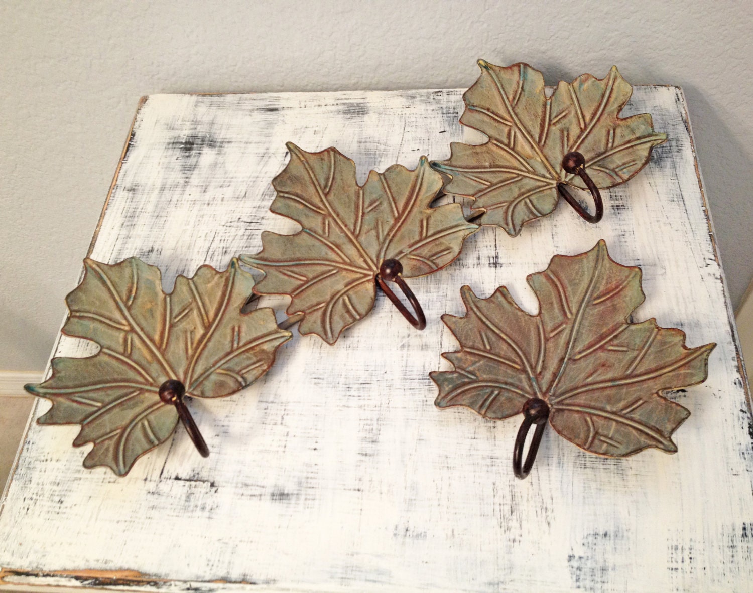 Set of 4 rustic turquoise and copper leaf wall hooks