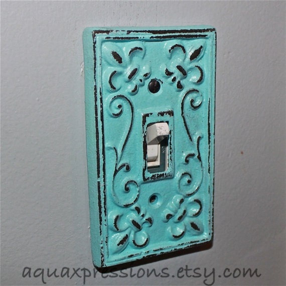 Aqua Decorative Light Switch Plate/ Single Switch Cover/ Fleur de lis/ Bright Cast Iron/ Painted Metal/ Shabby Chic