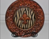 Decorative Plate /Zebra Print /Accented Orange /Fleur de Lis /Shabby Chic /Home Decor /Upcycled /Painted Plates