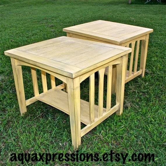 Items similar to Yellow Side, End Table/ Nightstand Set/ Creamy Caramel color/ Distressed Living