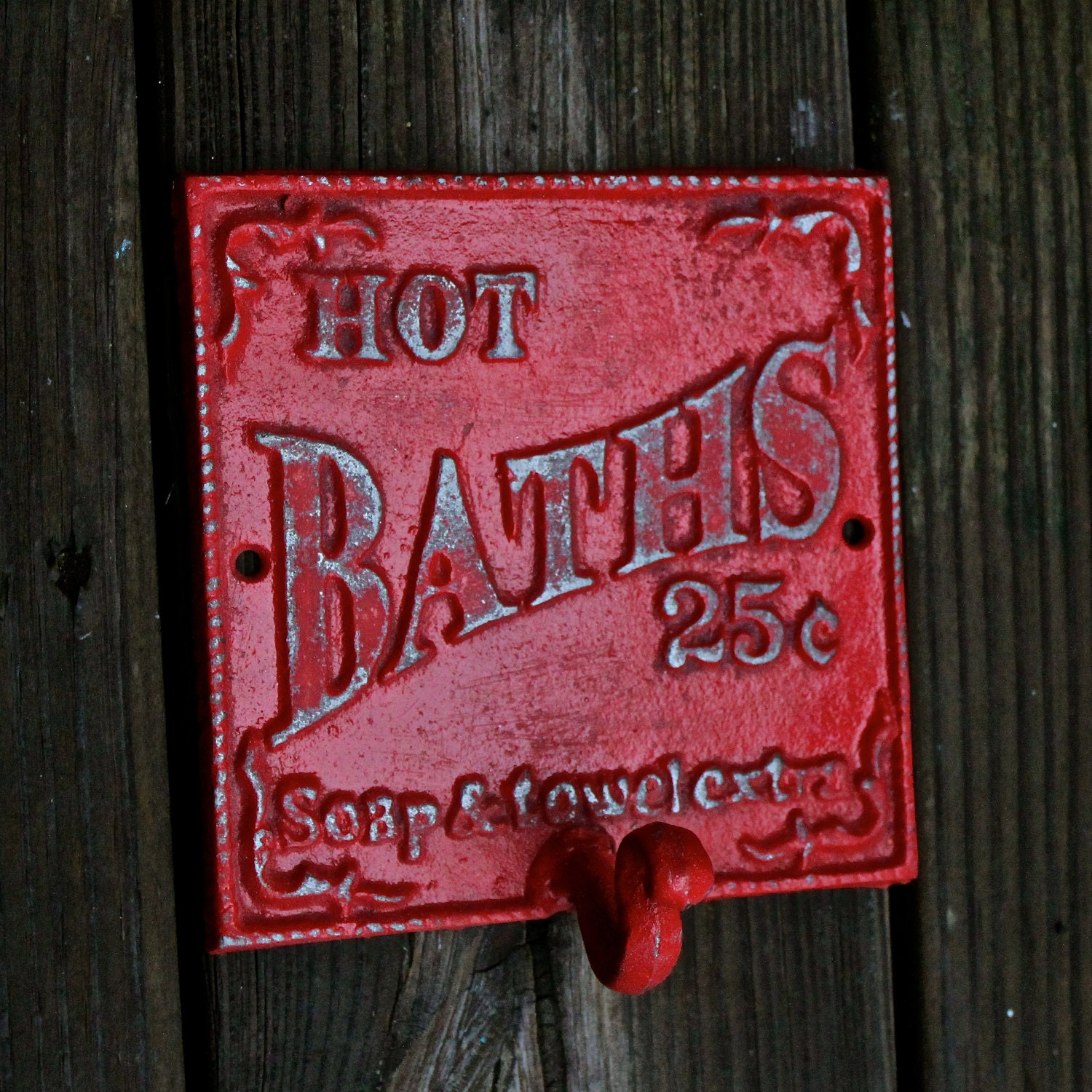 Wall Hook/ Red/ Bright /Bath Towel/ Robe Wall Hook/ Shabby chic/ Bathroom Fixture/ Jewelry Hanger/ Cast Iron