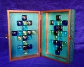 Glass Oracle Abstract Art Painted Wood Shrine Altar Box In Bronze And Blue With Glass Tiles And Ribbon