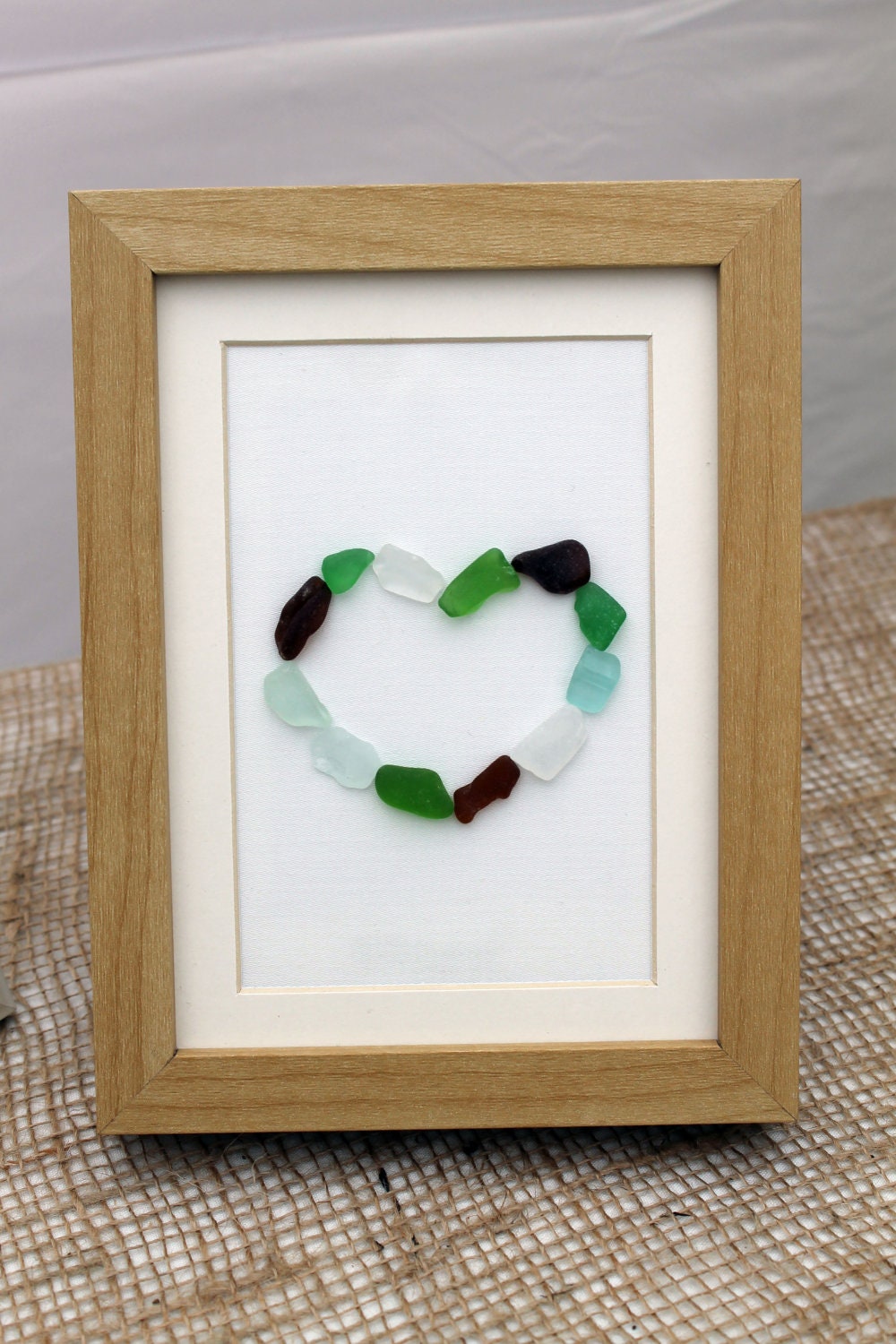 Sea Glass Art, Heart in Brown Frame