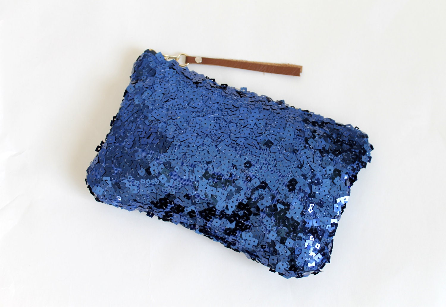 Sequin clutch, sapphire blue sequin, zipper pouch, evening bag