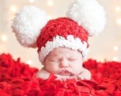 Christmas Baby Santa Hat, Baby Hat, Preemie or Newborn Baby Girl or Baby Boy Pom Pom Mouse Ear Hat - Red, White - Photography Prop Santa Hat - TSBPhotoProps