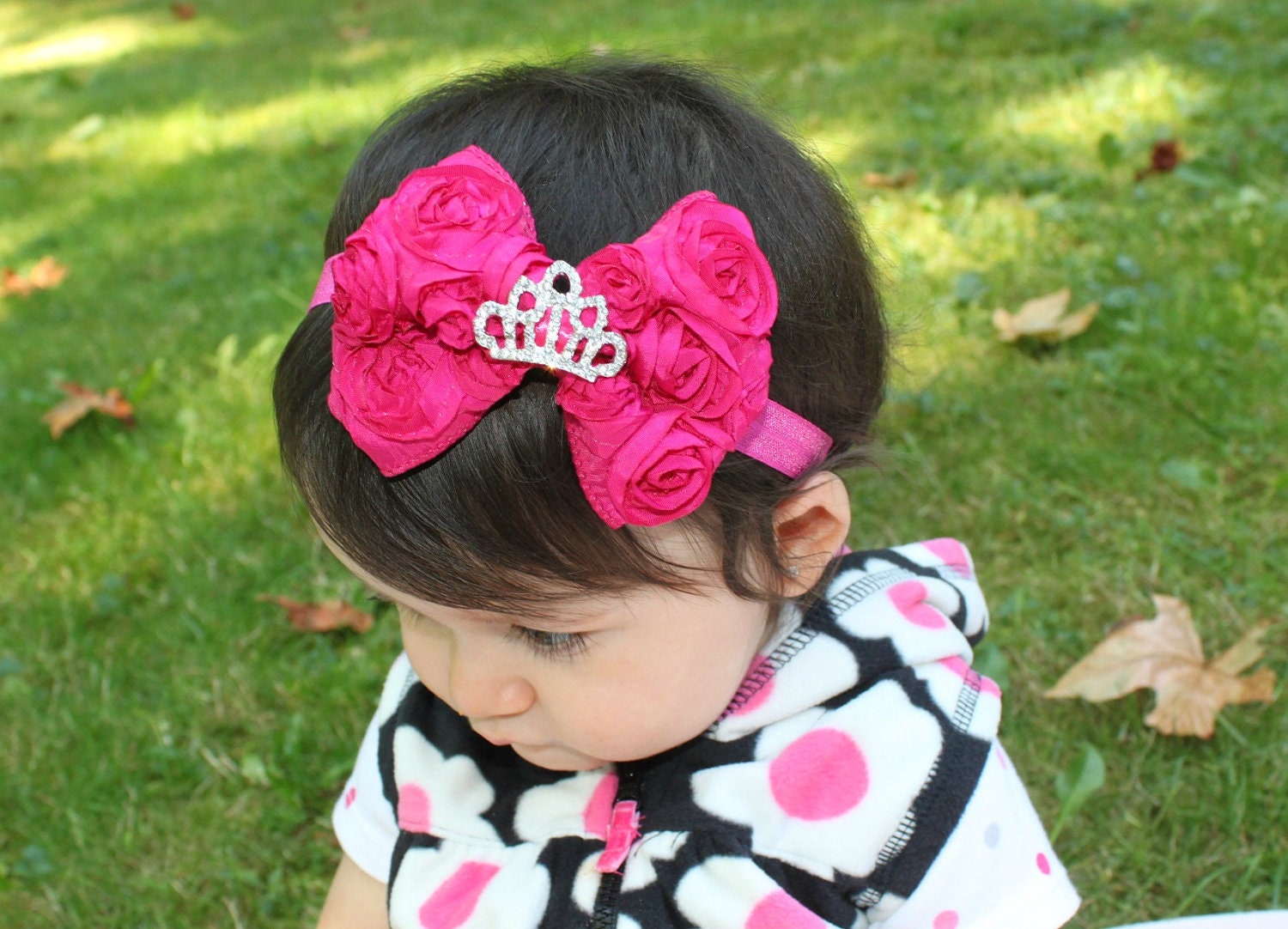 Shocking Pink Rosette Headband with Tiara. Baby Headband. Newborn Headband. Girl Headband. Birthday Headband. Photo Prop.
