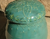 Peacock Green Trinket Jar with leaf design - hand thrown stoneware pottery