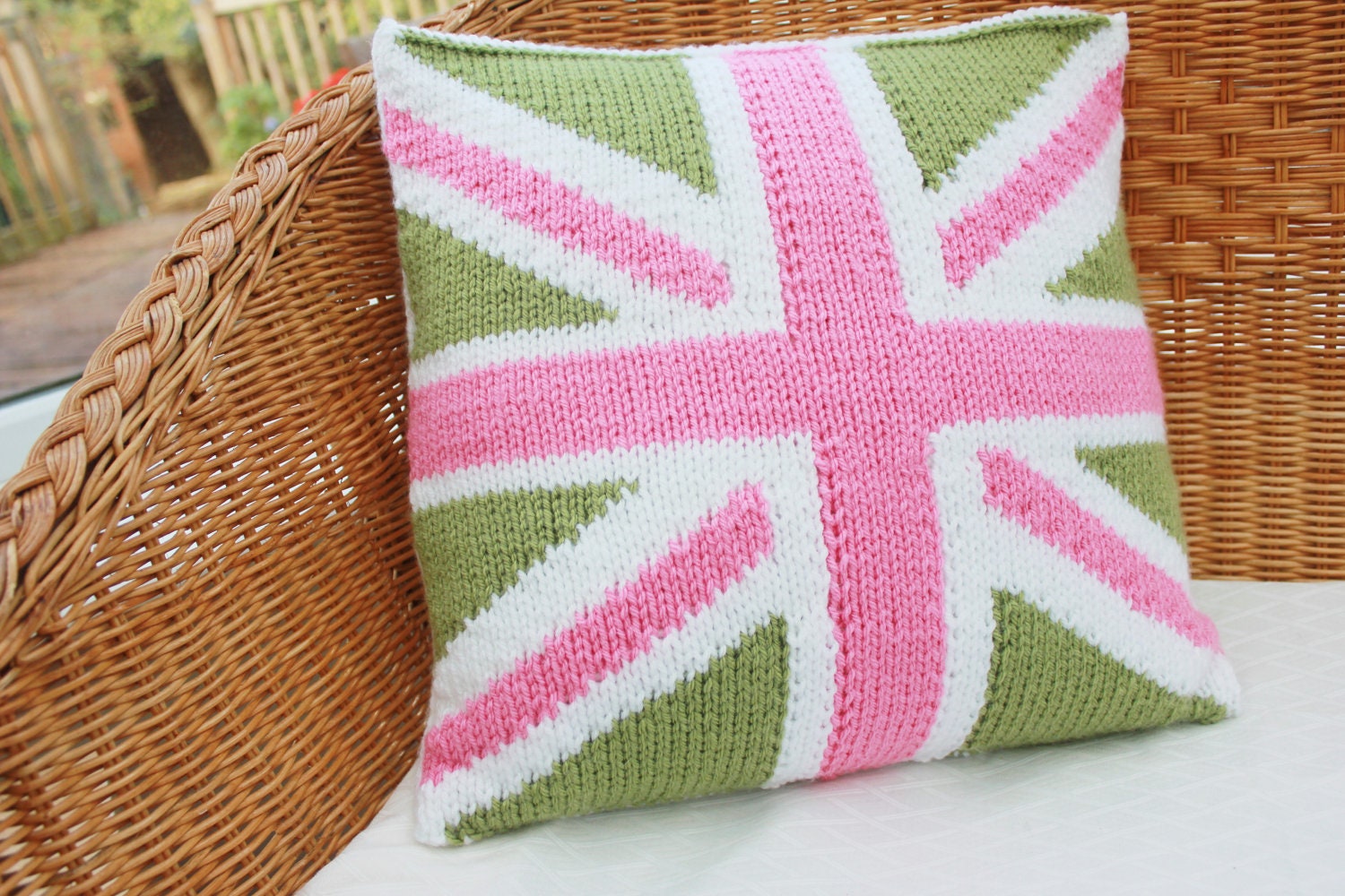 Pink and green union jack pillow - knitted union jack cushion cover