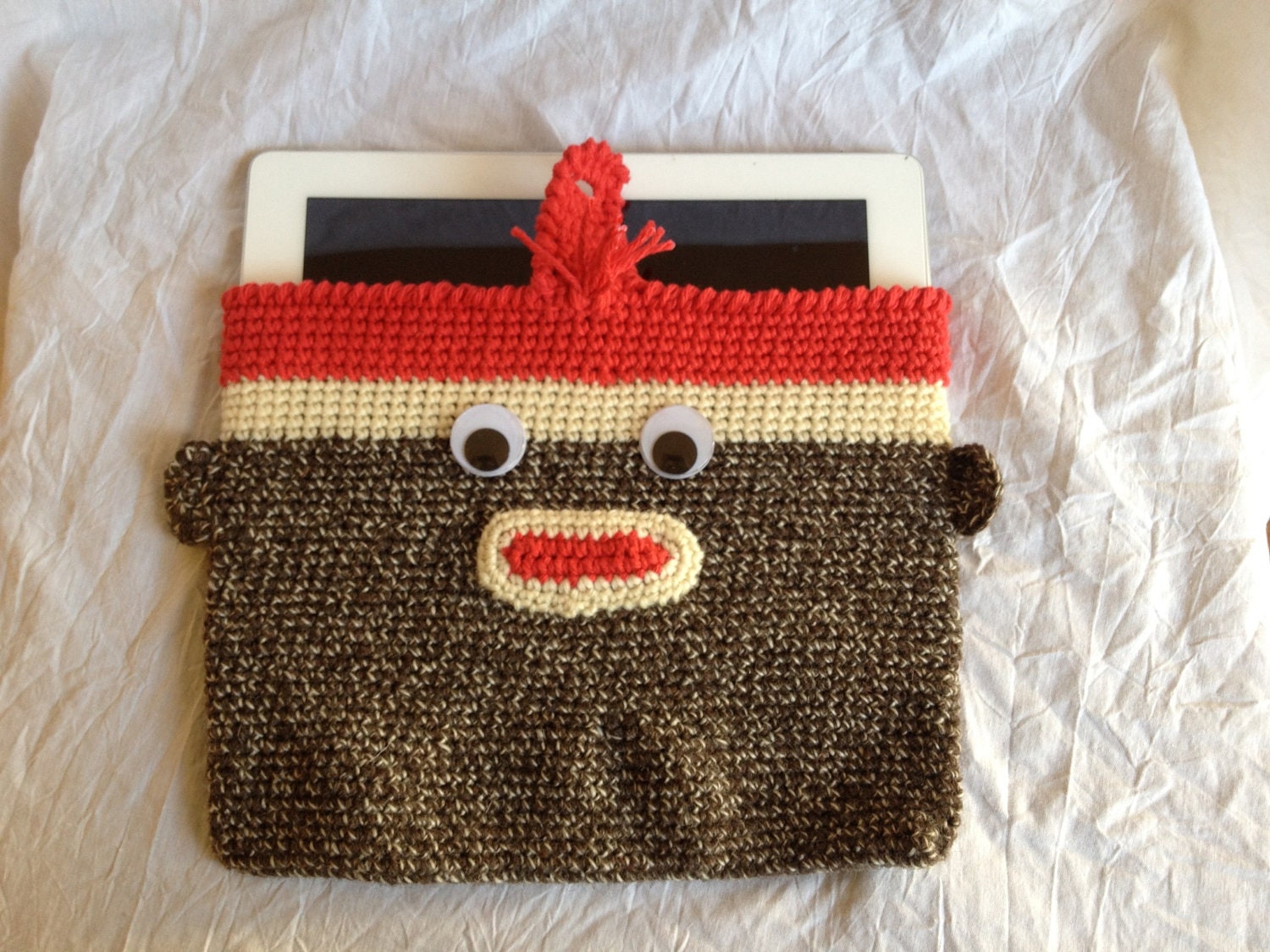 Sock Monkey iPad Sleeve- Crocheted with Red Top and Tassel, Horizontal Orientation