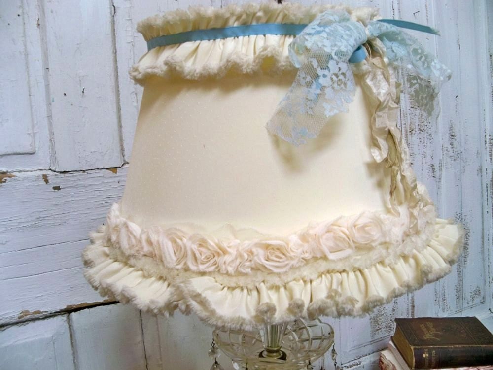 Shabby chic cream muslin lampshade French chic lighting decor tattered ruffle upcycled piece Anita Spero